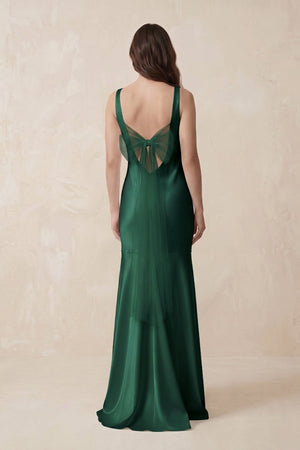Mermaid Scoop Neck Satin Bridesmaid Dress with Bow in Dark Green - KissProm Bridesmaid Dresses
