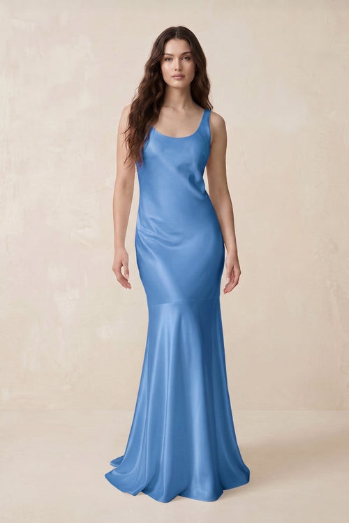 KissProm | Mermaid Cowl Neck Satin Bridesmaid Dress with Bow in Dusty Blue KissProm | Mermaid Cowl Neck Satin Bridesmaid Dress with Bow in Dusty Blue