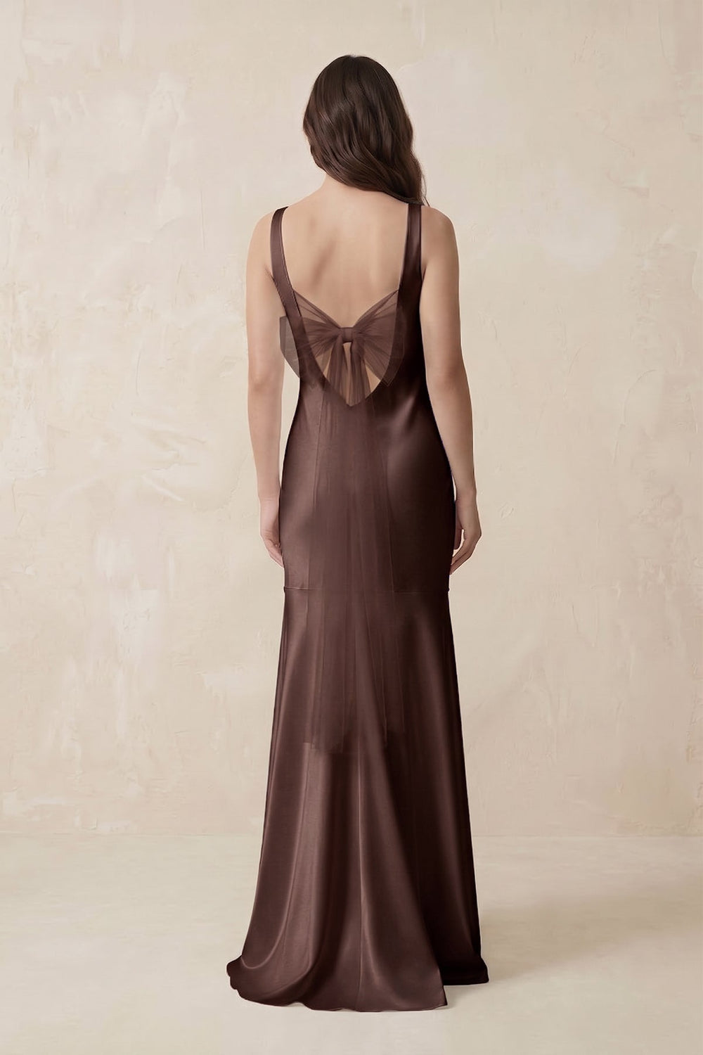Mermaid Scoop Neck Satin Bridesmaid Dress with Bow in Espresso - KissProm Bridesmaid Dresses