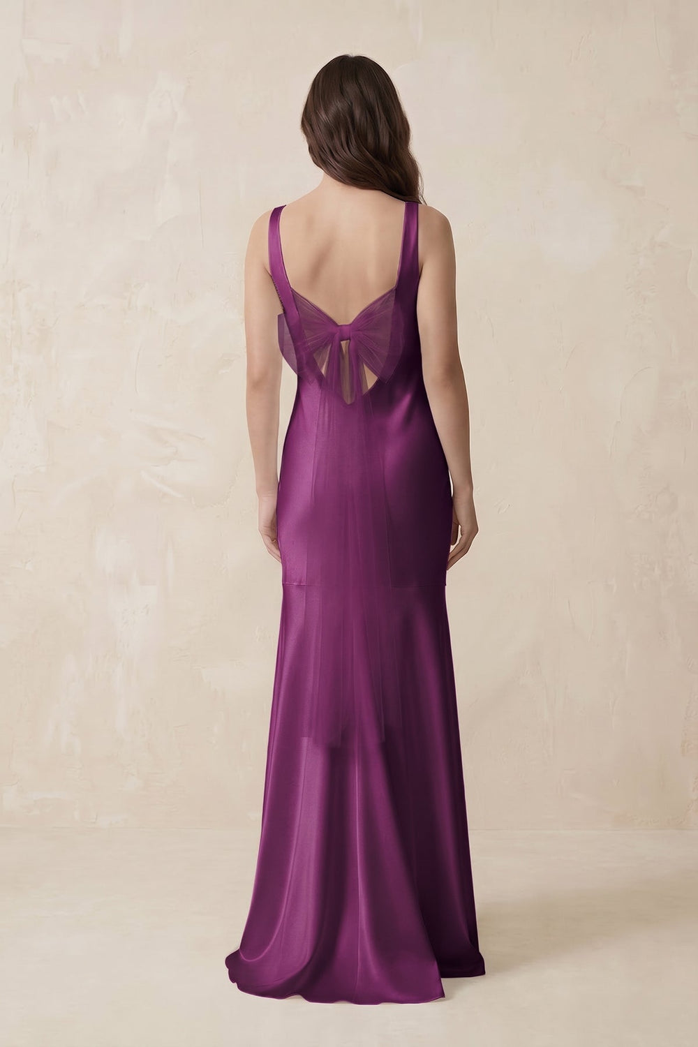 Mermaid Scoop Neck Satin Bridesmaid Dress with Bow in Fig - KissProm Bridesmaid Dresses