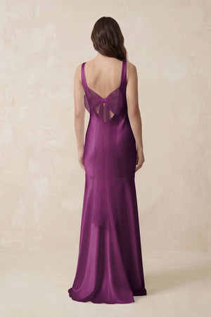 Mermaid Scoop Neck Satin Bridesmaid Dress with Bow in Fig - KissProm Bridesmaid Dresses
