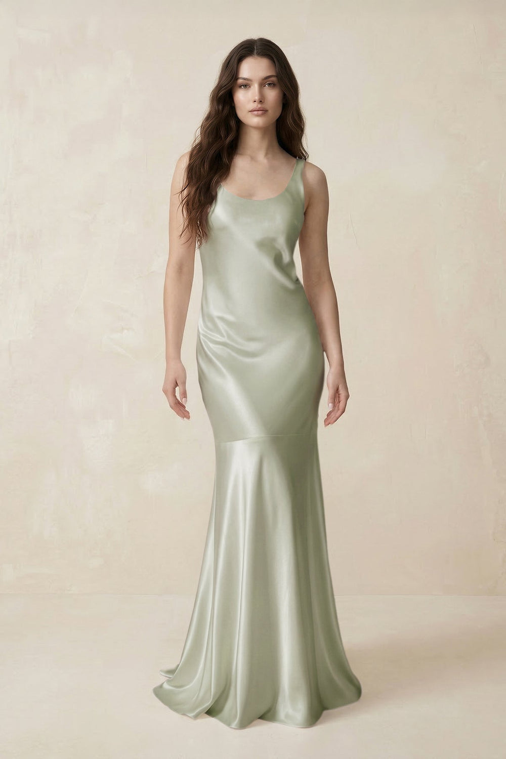 Mermaid Scoop Neck Satin Bridesmaid Dress with Bow in Frost - KissProm Bridesmaid Dresses