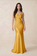 Mermaid Scoop Neck Satin Bridesmaid Dress with Bow in Gold - KissProm Bridesmaid Dresses