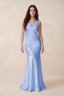 Mermaid Scoop Neck Satin Bridesmaid Dress with Bow in Ice - KissProm Bridesmaid Dresses