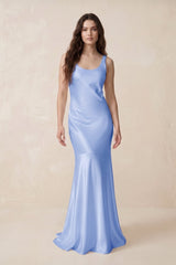 Mermaid Scoop Neck Satin Bridesmaid Dress with Bow in Ice - KissProm Bridesmaid Dresses