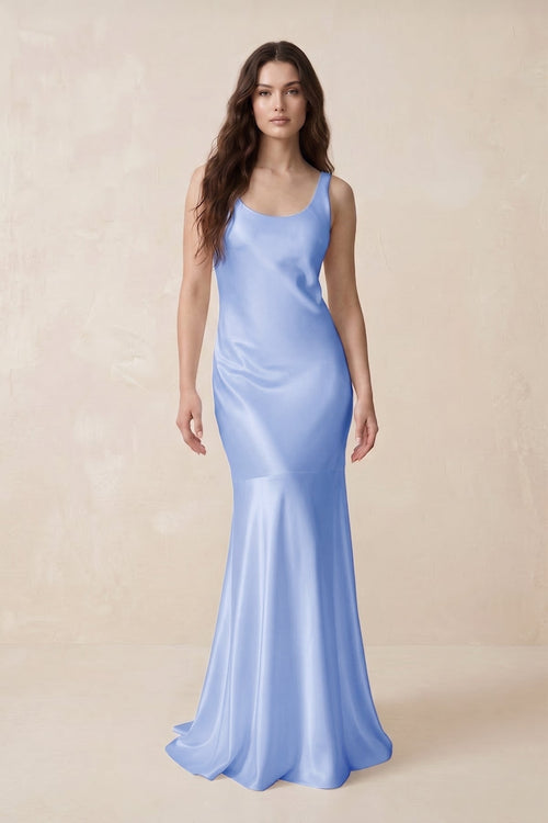 Mermaid Scoop Neck Satin Bridesmaid Dress with Bow in Ice - KissProm Bridesmaid Dresses
