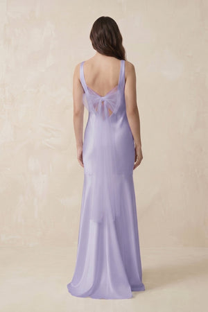 Mermaid Scoop Neck Satin Bridesmaid Dress with Bow in Lavender - KissProm Bridesmaid Dresses