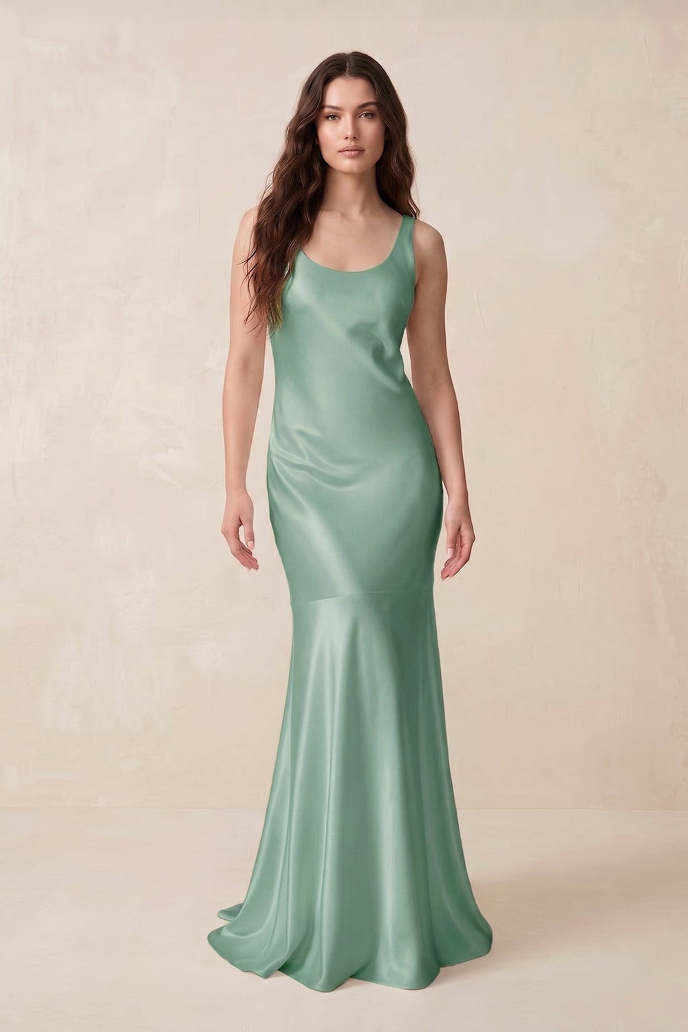 Mermaid Scoop Neck Satin Bridesmaid Dress with Bow in Mint Green - KissProm Bridesmaid Dresses