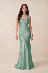 Mermaid Scoop Neck Satin Bridesmaid Dress with Bow in Mint Green - KissProm Bridesmaid Dresses