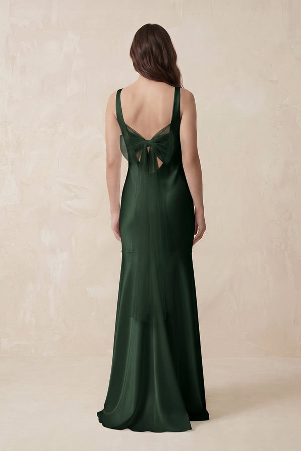 Mermaid Scoop Neck Satin Bridesmaid Dress with Bow in Moss - KissProm Bridesmaid Dresses