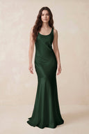 Mermaid Scoop Neck Satin Bridesmaid Dress with Bow in Moss - KissProm Bridesmaid Dresses