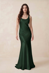 Mermaid Scoop Neck Satin Bridesmaid Dress with Bow in Moss - KissProm Bridesmaid Dresses
