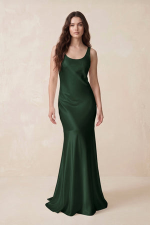 Mermaid Scoop Neck Satin Bridesmaid Dress with Bow in Moss - KissProm Bridesmaid Dresses