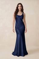 Mermaid Scoop Neck Satin Bridesmaid Dress with Bow in Navy - KissProm Bridesmaid Dresses