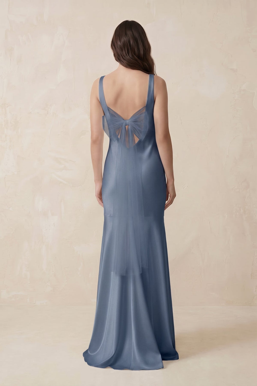 Mermaid Scoop Neck Satin Bridesmaid Dress with Bow in Neptune - KissProm Bridesmaid Dresses