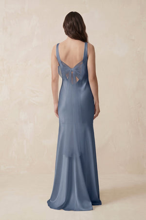 Mermaid Scoop Neck Satin Bridesmaid Dress with Bow in Neptune - KissProm Bridesmaid Dresses