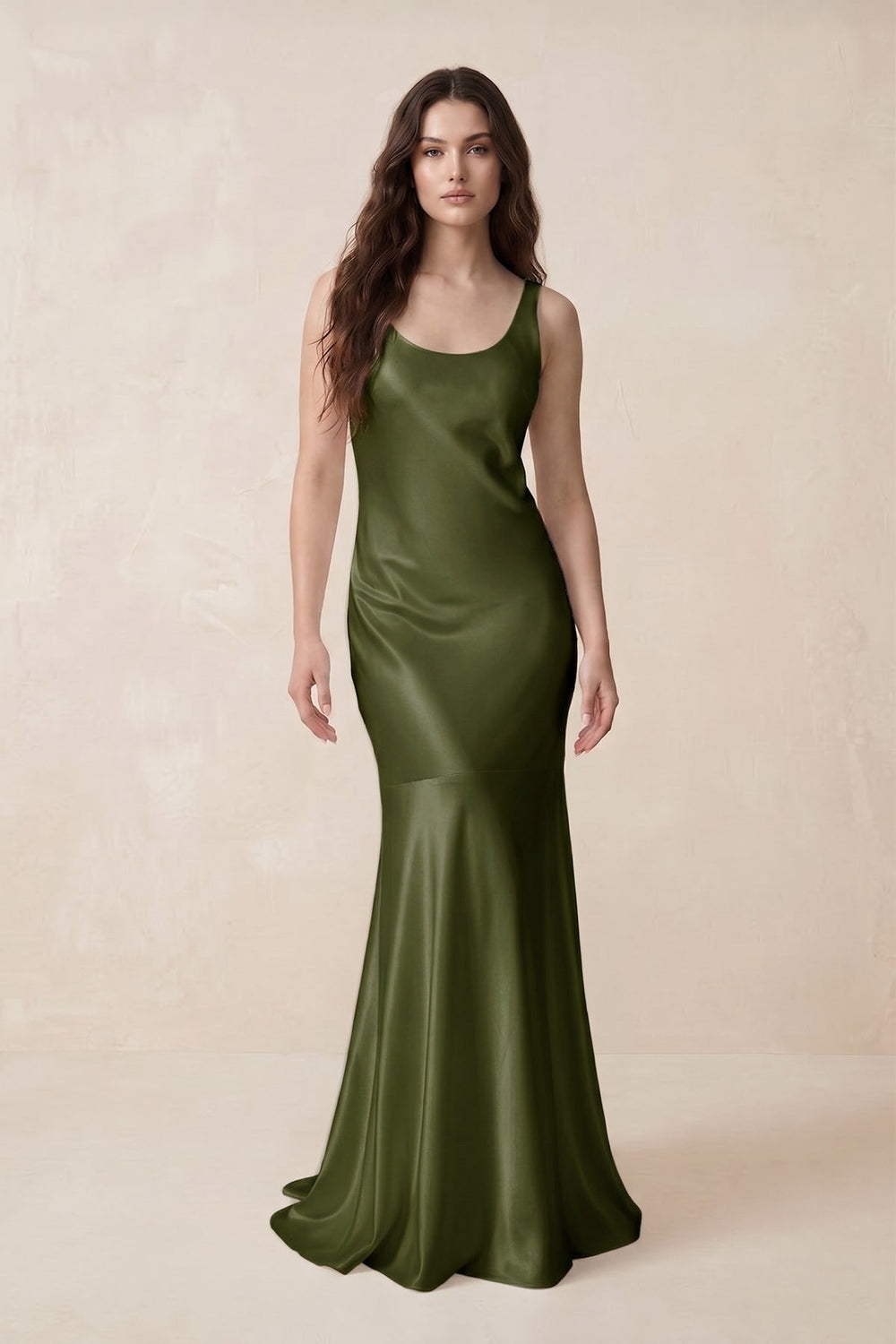 Mermaid Scoop Neck Satin Bridesmaid Dress with Bow in Olive - KissProm Bridesmaid Dresses