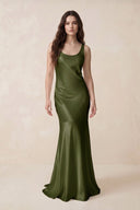 Mermaid Scoop Neck Satin Bridesmaid Dress with Bow in Olive - KissProm Bridesmaid Dresses