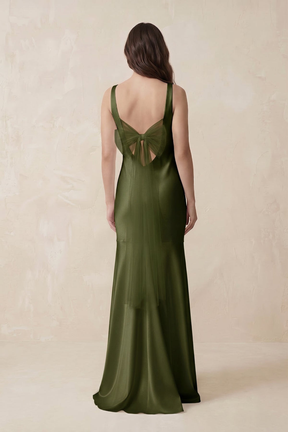 Mermaid Scoop Neck Satin Bridesmaid Dress with Bow in Olive - KissProm Bridesmaid Dresses