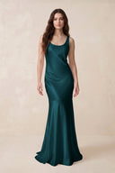 Mermaid Scoop Neck Satin Bridesmaid Dress with Bow in Pine - KissProm Bridesmaid Dresses