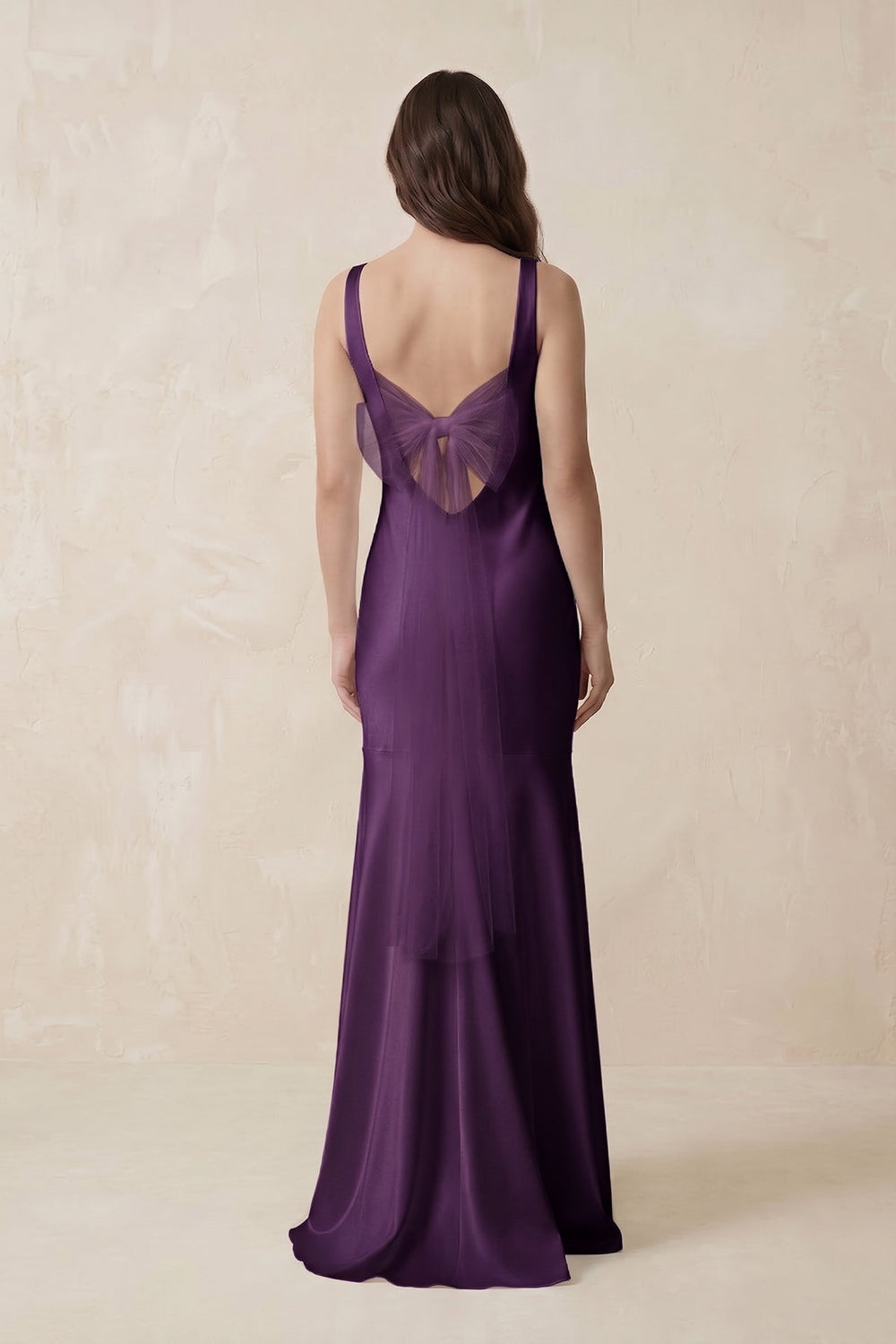 Mermaid Scoop Neck Satin Bridesmaid Dress with Bow in Plum - KissProm Bridesmaid Dresses