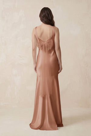 Mermaid Scoop Neck Satin Bridesmaid Dress with Bow in Rosette - KissProm Bridesmaid Dresses