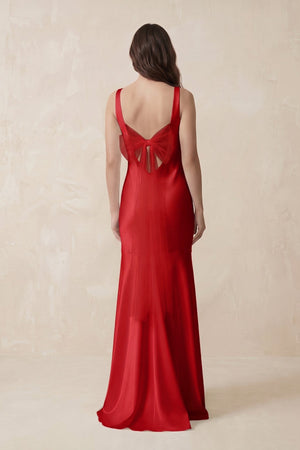 Mermaid Scoop Neck Satin Bridesmaid Dress with Bow in Ruby Red - KissProm Bridesmaid Dresses
