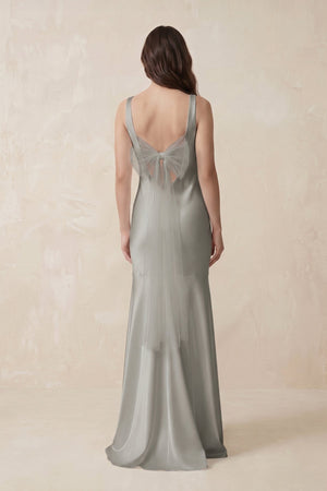 Mermaid Scoop Neck Satin Bridesmaid Dress with Bow in Silver - KissProm Bridesmaid Dresses