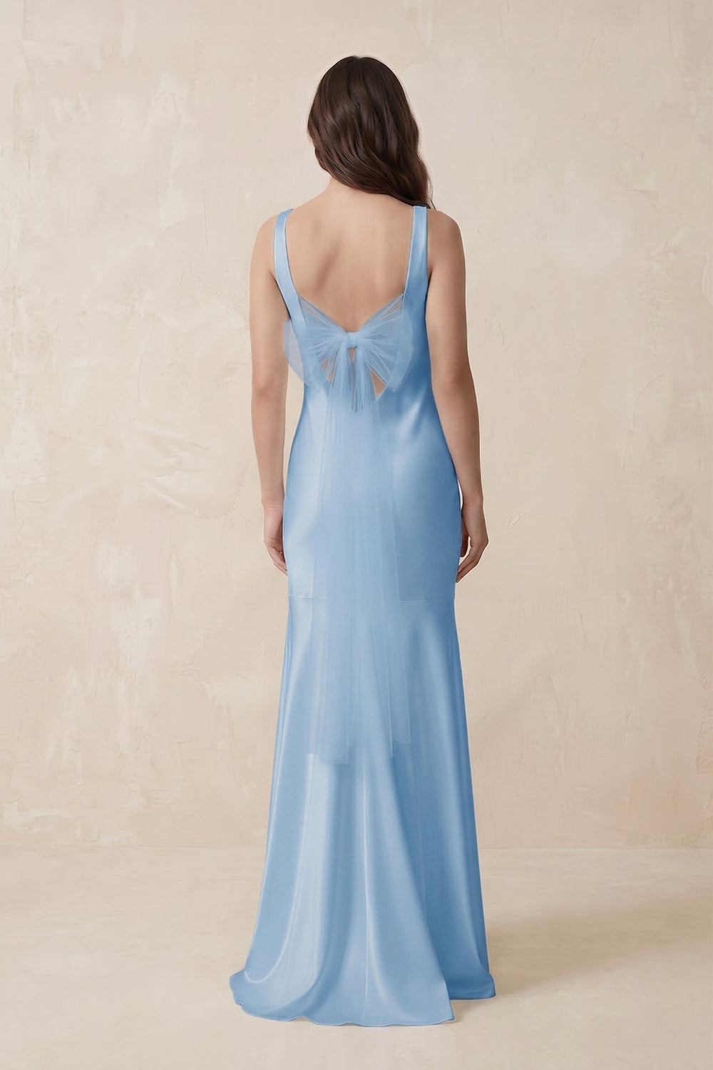 Mermaid Scoop Neck Satin Bridesmaid Dress with Bow in Sky Blue - KissProm Bridesmaid Dresses
