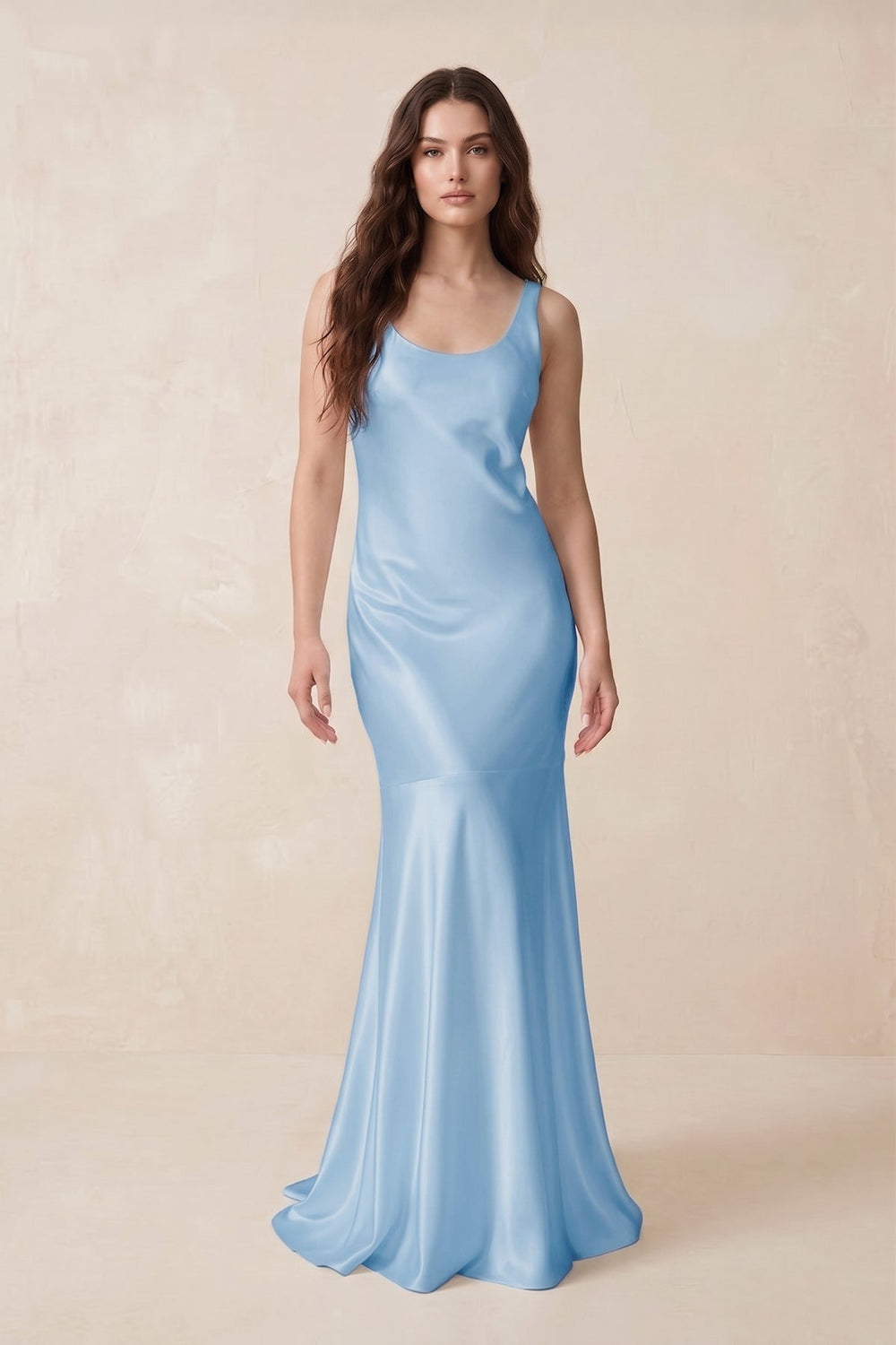Mermaid Scoop Neck Satin Bridesmaid Dress with Bow in Sky Blue - KissProm Bridesmaid Dresses