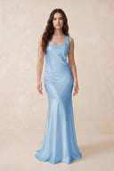 Mermaid Scoop Neck Satin Bridesmaid Dress with Bow in Sky Blue - KissProm Bridesmaid Dresses