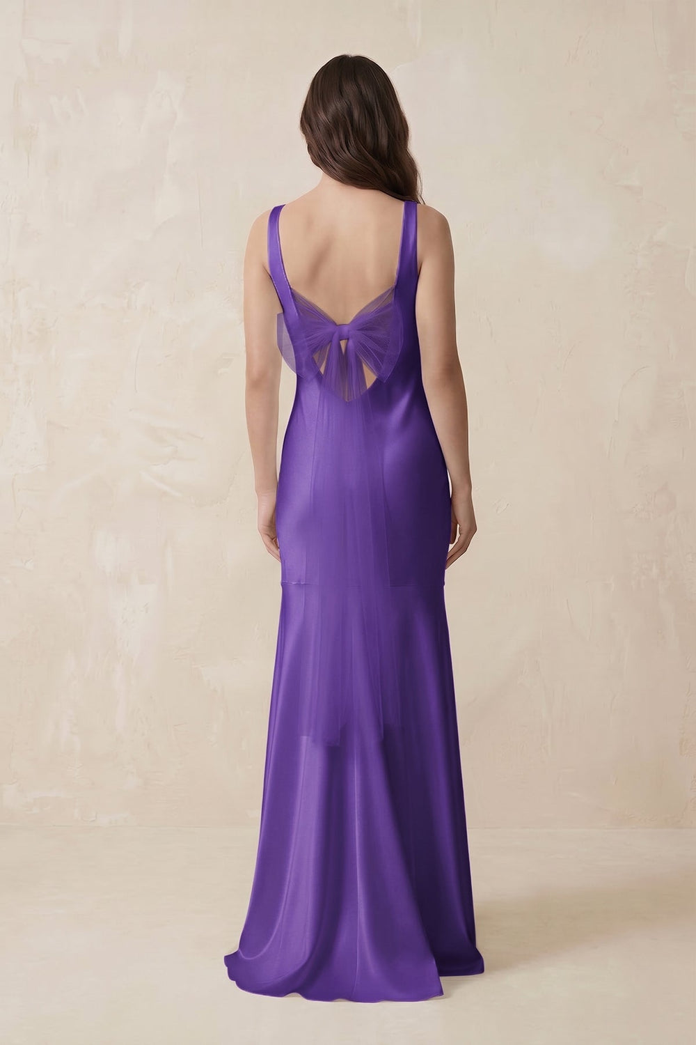 Mermaid Scoop Neck Satin Bridesmaid Dress with Bow in Tahiti - KissProm Bridesmaid Dresses