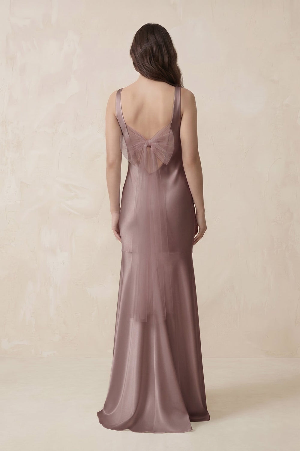 Mermaid Scoop Neck Satin Bridesmaid Dress with Bow in Toffee - KissProm Bridesmaid Dresses