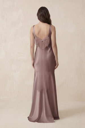 Mermaid Scoop Neck Satin Bridesmaid Dress with Bow in Toffee - KissProm Bridesmaid Dresses