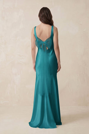 Mermaid Scoop Neck Satin Bridesmaid Dress with Bow in Turquoise - KissProm Bridesmaid Dresses
