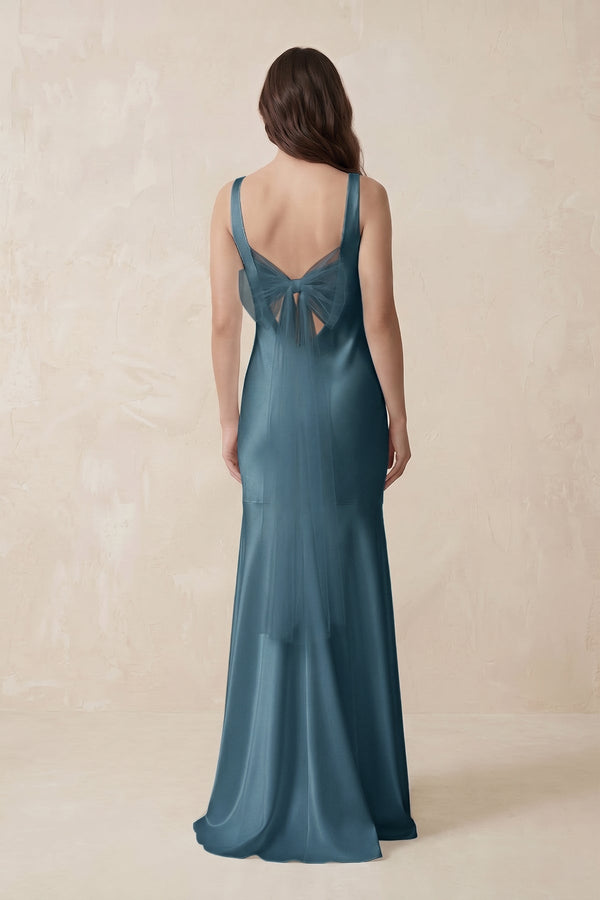 Mermaid Scoop Neck Satin Bridesmaid Dress with Bow in Twilight - KissProm Bridesmaid Dresses