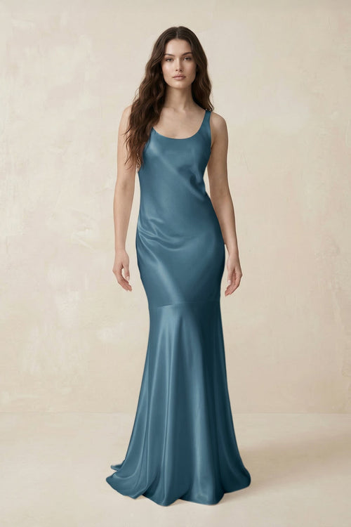 Mermaid Scoop Neck Satin Bridesmaid Dress with Bow in Twilight - KissProm Bridesmaid Dresses