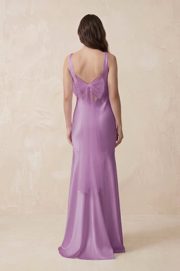 Mermaid Scoop Neck Satin Bridesmaid Dress with Bow in Vintage Mauve - KissProm Bridesmaid Dresses