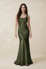 Mermaid Scoop Neck Satin Bridesmaid Dress with Bow in Willow Green - KissProm Bridesmaid Dresses