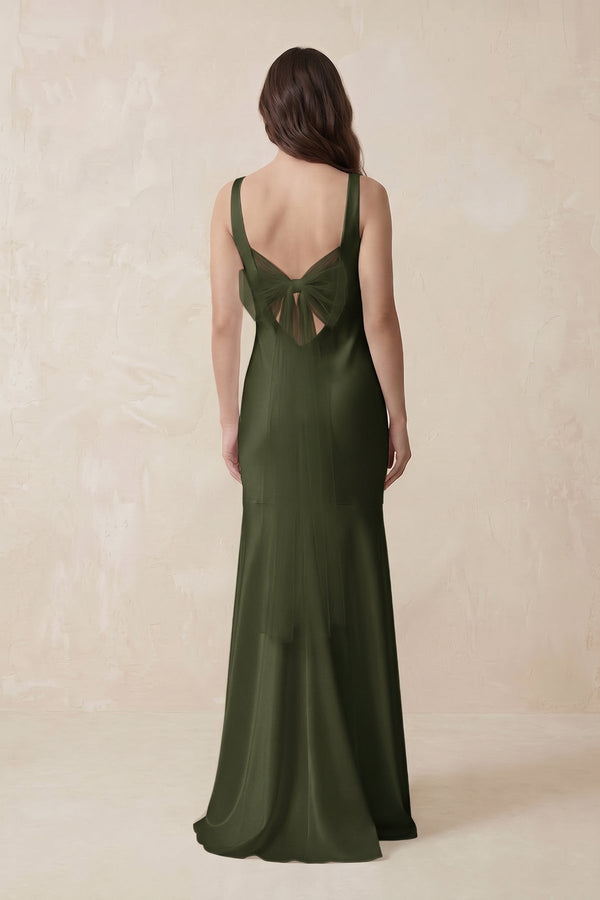 KissProm | Mermaid Cowl Neck Satin Bridesmaid Dress with Bow in Willow Green KissProm | Mermaid Cowl Neck Satin Bridesmaid Dress with Bow in Willow Green