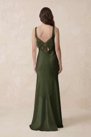 Mermaid Scoop Neck Satin Bridesmaid Dress with Bow in Willow Green - KissProm Bridesmaid Dresses