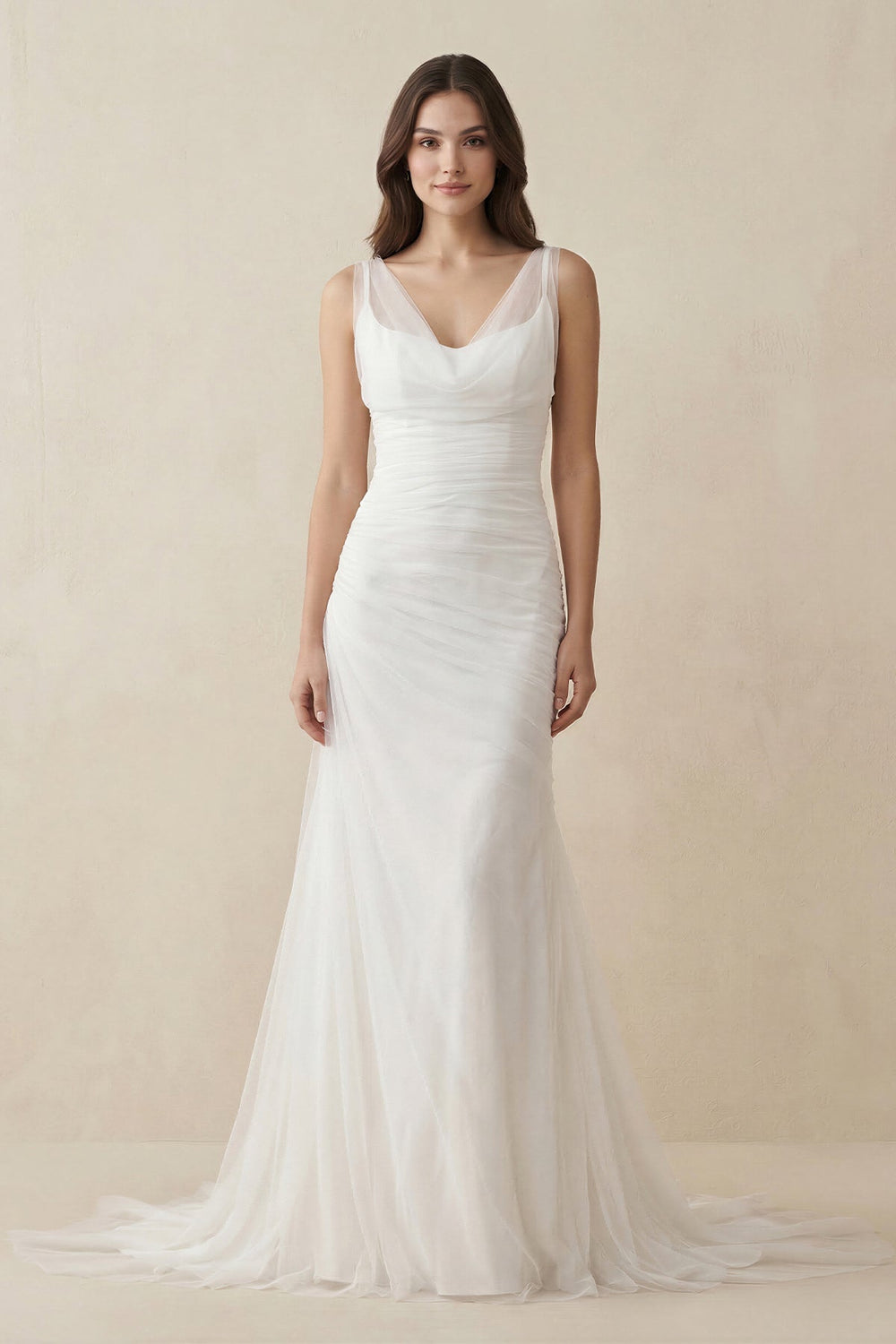 Mermaid Cowl Neck Tulle Wedding Dress in White - KissProm Wedding Dresses