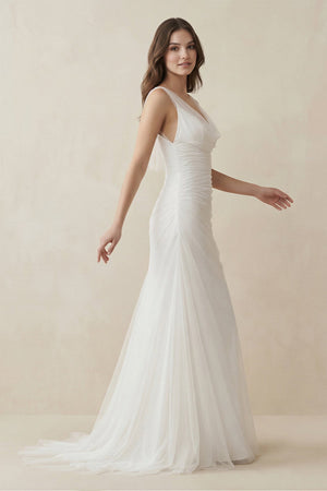 Mermaid Cowl Neck Tulle Wedding Dress in White - KissProm Wedding Dresses