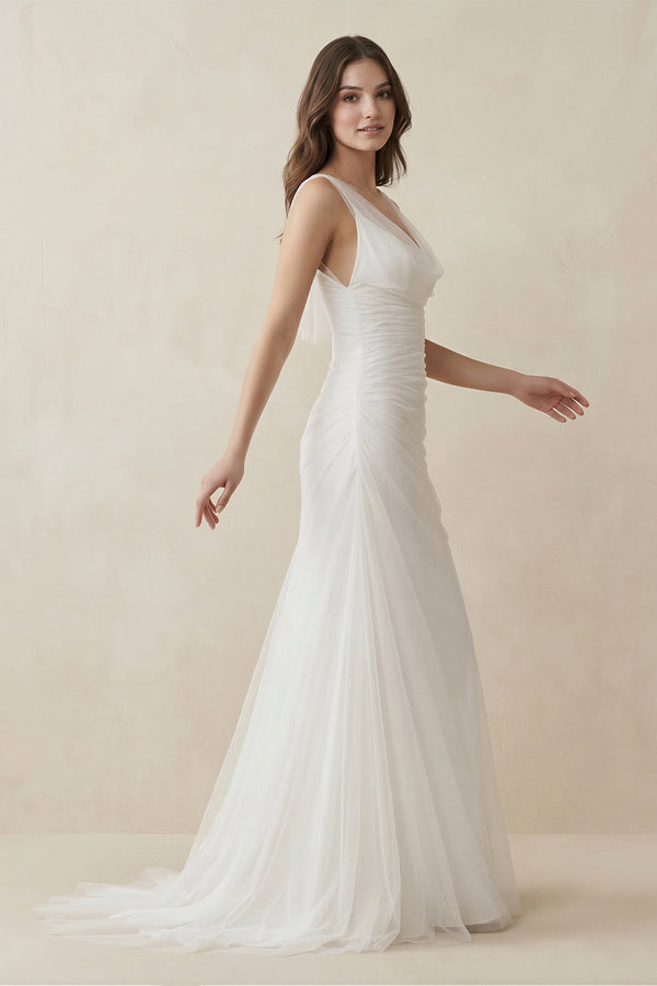 Mermaid Cowl Neck Tulle Wedding Dress in White - KissProm Wedding Dresses