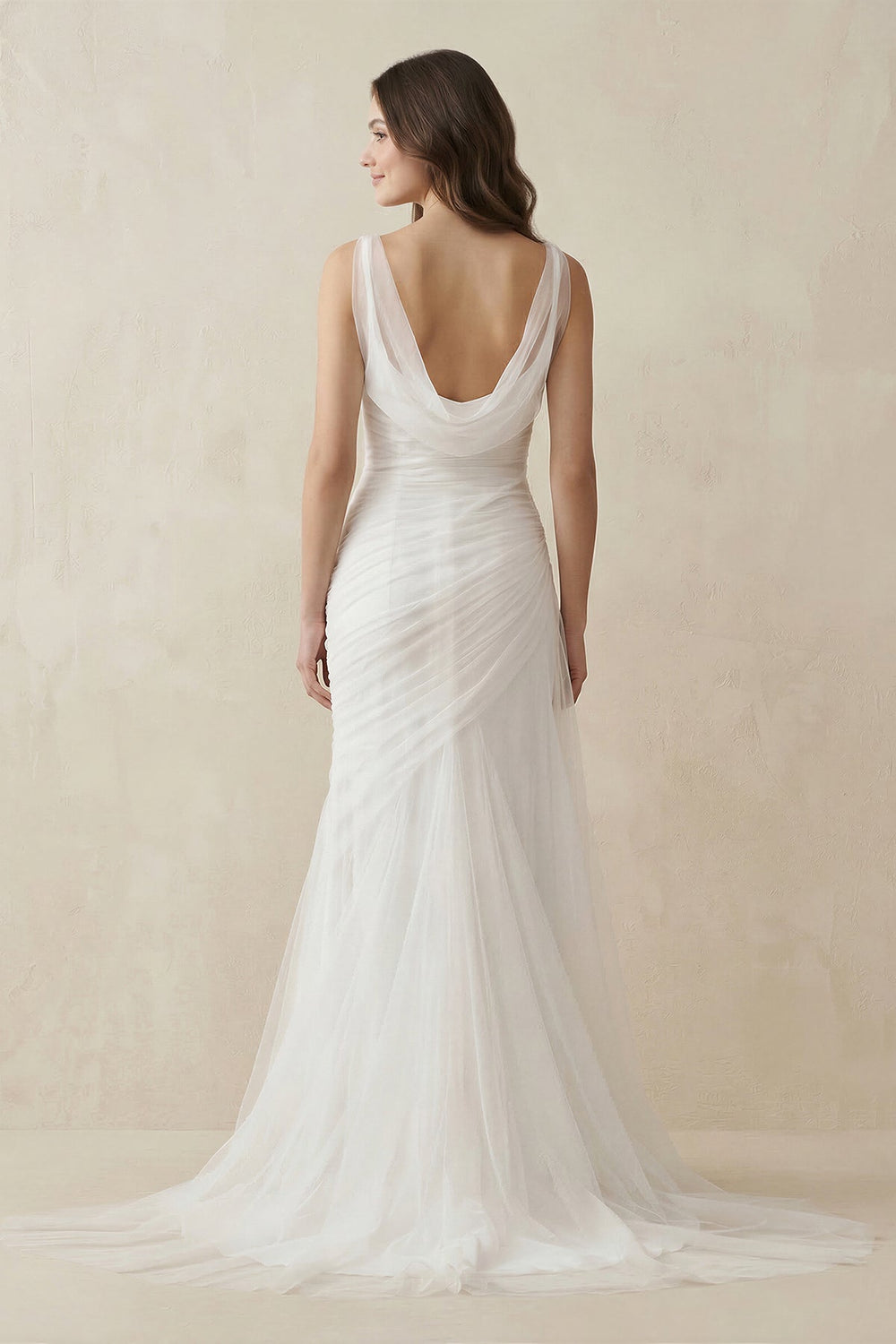 Mermaid Cowl Neck Tulle Wedding Dress in White - KissProm Wedding Dresses