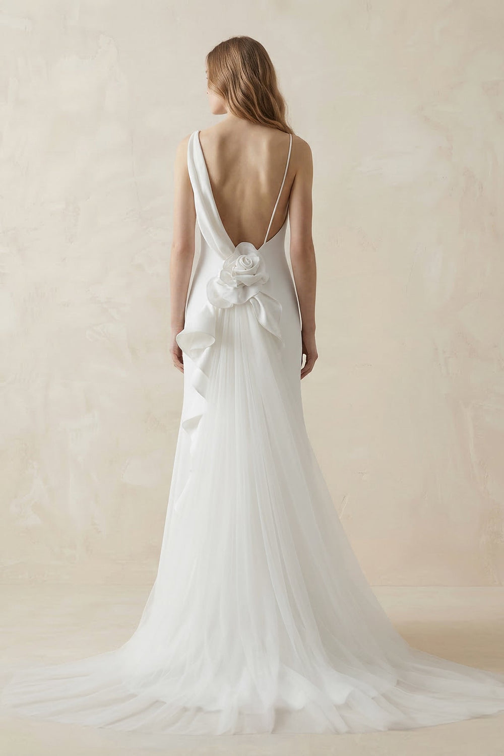 Mermaid Crepe Cowl Neck Wedding Dress with Train in White