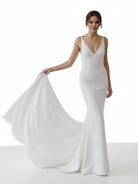 Jaylynn | Mermaid Deep V - Neck Backless White Wedding Dress - KissProm