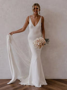 Jaylynn | Mermaid Deep V - Neck Backless White Wedding Dress - KissProm