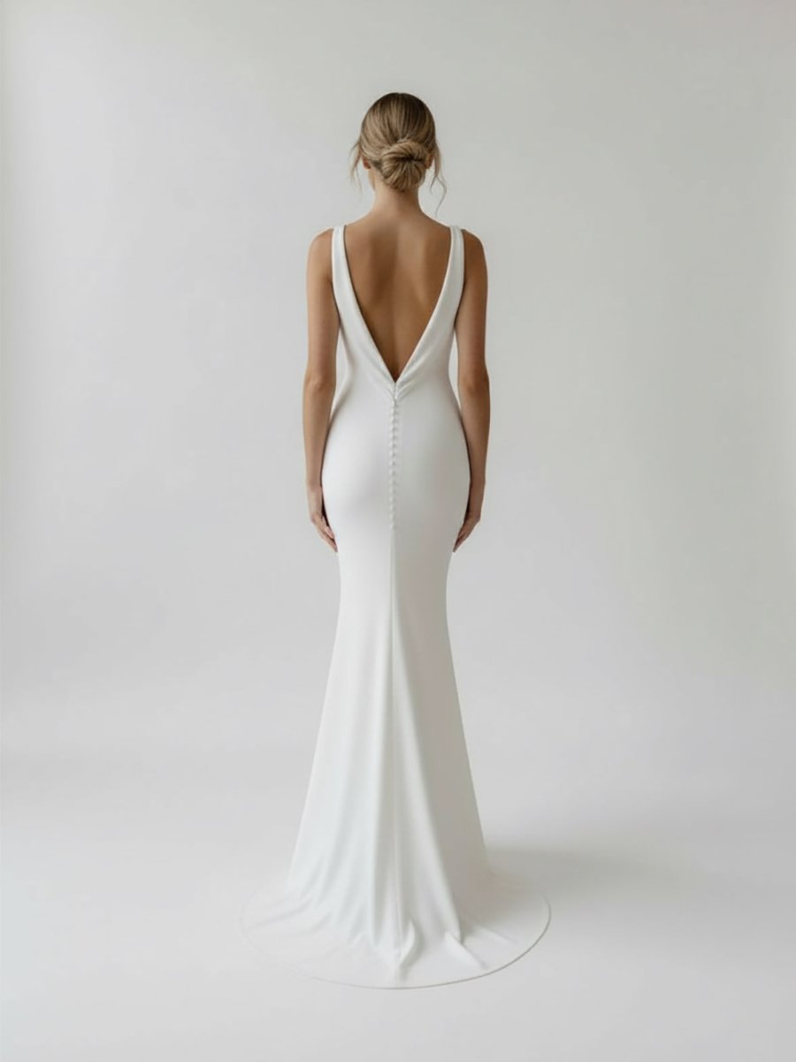 knee length dresses for ladies Mermaid Deep V-neck Backless Lace Wedding Dresses With Chapel Train, MW809 main image 0