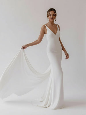 Jaylynn | Mermaid Deep V - Neck Backless White Wedding Dress - KissProm